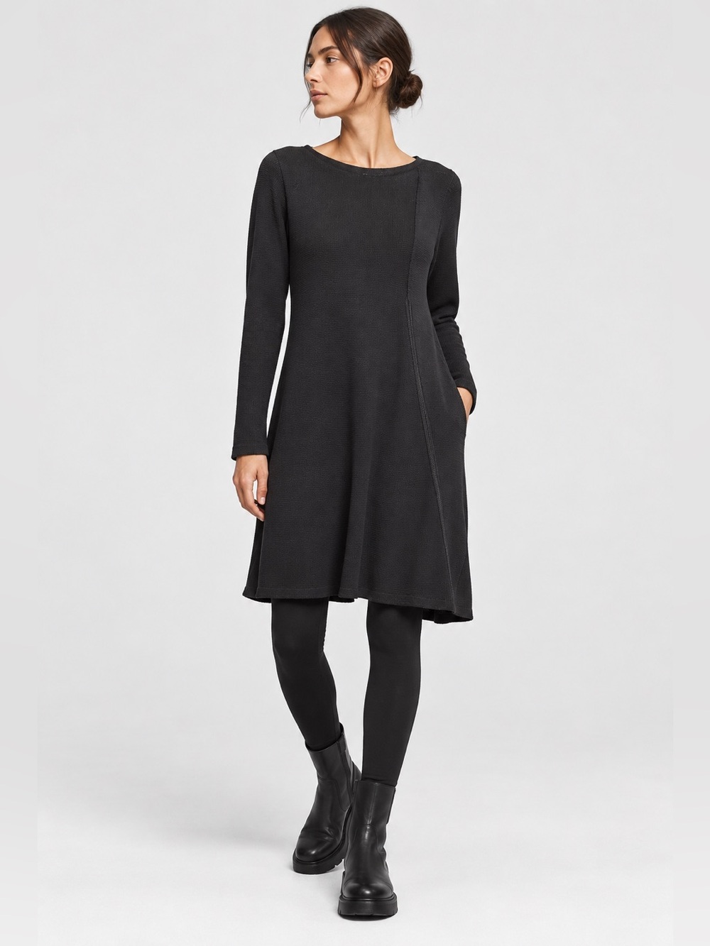 Sarah Pacini Wool Blend Black Long-Sleeve A-Line Zipper Detail Knit Dress